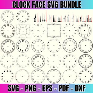 Puede incluir: Un paquete SVG digital con varias esferas de reloj con números romanos y arábigos, junto con manecillas de reloj. Los diseños incluyen formas redondas, cuadradas y rectangulares. Se muestra el texto "CLOCK FACE SVG BUNDLE" y los formatos de archivo.