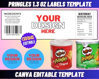 Pringles 1,3 oz etiketten sjabloon, Pringles sjabloon, Canva bewerkbare sjabloon, chip kan labelsjabloon