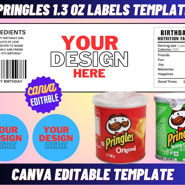 Plantilla de etiquetas Pringles de 1,3 oz, plantilla Pringles, plantilla editable Canva, plantilla de etiqueta de lata de chip