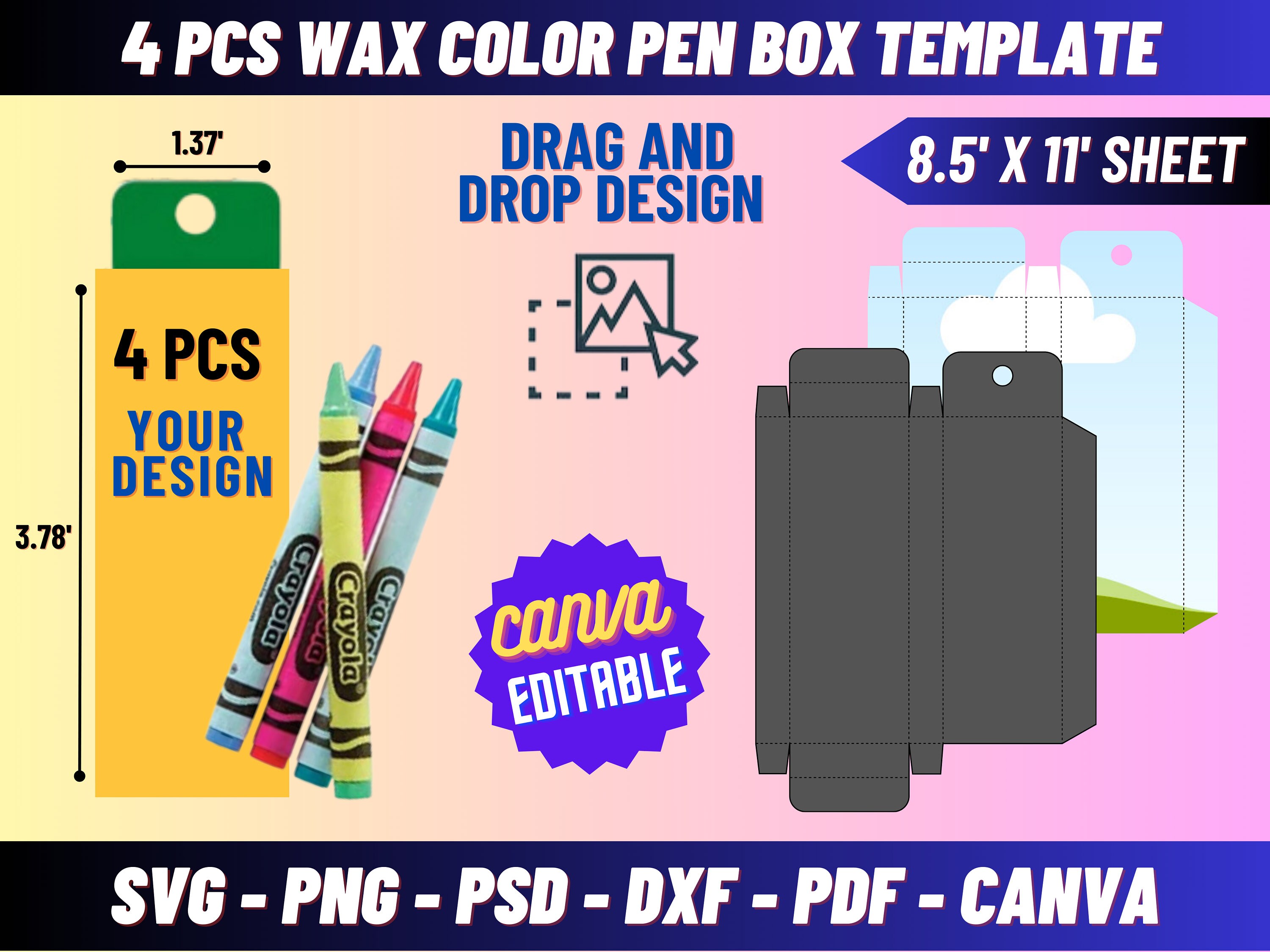 Watercolor crayon box with crayons png design, crayon box sublimation  design, painted crayon box png file, yellow crayon box clip art png