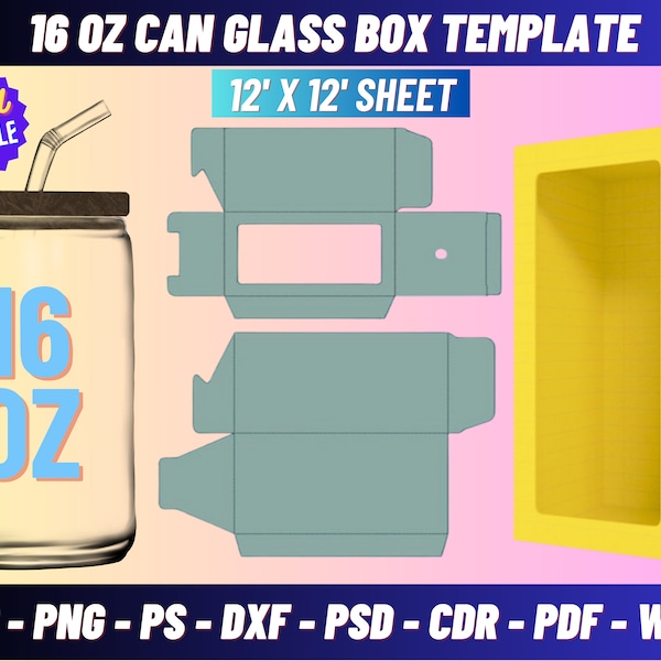 16Oz Glass Can window box template, Box template, Beer Can Class box, 16 Oz Can Glass Box Template, box svg, window box svg