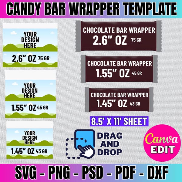 Chocolate Bar Wrapper Template Bundle: Canva Label (Digital Download)