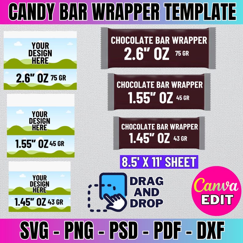 May include: A digital template for creating candy bar wrappers. The template includes three different sizes of wrappers: 2.6 inches by 75 grams, 1.55 inches by 45 grams, and 1.45 inches by 43 grams. The template is designed to be used with Canva and includes instructions for dragging and dropping elements onto the wrapper. The template is available in SVG, PNG, PSD, PDF, and DXF formats.
