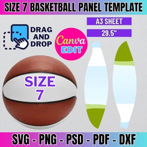 May include: A template for creating a basketball panel, showing a size 7 basketball and two panel shapes on an A3 sheet (29.5 inches). The template is editable in Canva.