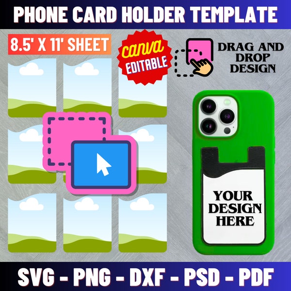 Phone Card Holder Template, Sublimation, Phone Card Holder SVG, DXF, Canva Ms Word docx, Png, PSD, 8.5"x11" sheet, Printable