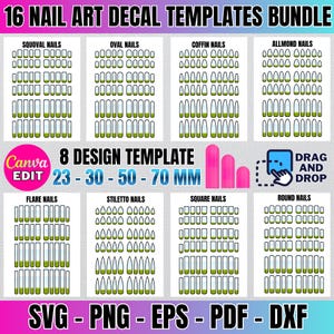 Puede incluir: Un paquete de 16 plantillas de calcomanías para uñas en varias formas, incluyendo Squoval, Oval, Coffin, Almond, Flare, Stiletto, Square y Round. Las plantillas están disponibles en formatos SVG, PNG, EPS, PDF y DXF. La imagen también incluye el texto "Canva EDIT" y medidas de 23 a 70 mm.