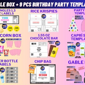 Birthday Party Template Bundle, Popcorn box, party favor, chip bag template, water bottle template, pringles template, chip-bag, RiceKrispie