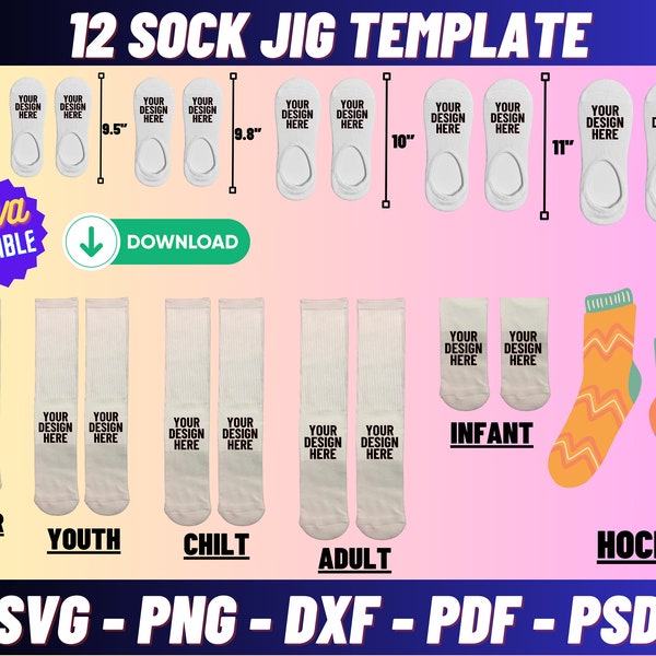 12 Sock Jig Template BUNDLE, Sock Jig Sublimation, Sock Insert Template, Ankle Sock Template svg, No Show Sock Template, Cut File, Canva