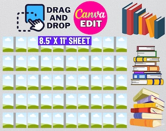 May include: A template for creating mini book covers. The template features 36 blank book cover spaces on a background of green hills and a blue sky with white clouds. The template is 8.5 inches by 11 inches and can be edited using Canva. The text "DRAG AND DROP" and "Canva EDIT" is included in the image.