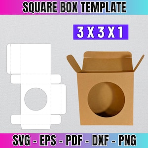 Puede incluir: Una plantilla imprimible para una caja cuadrada con una ventana. La plantilla es para una caja de 7,62 x 7,62 x 2,54 cm. La plantilla se muestra tanto en una vista plana como ensamblada. El texto "SVG - EPS - PDF - DXF - PNG" está en la parte inferior de la imagen.