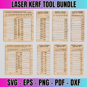 May include: A set of eight laser cut kerf tool guides for measuring material thickness. The guides are printed with measurements in inches and millimeters. The guides are made of wood and have a light brown color.
