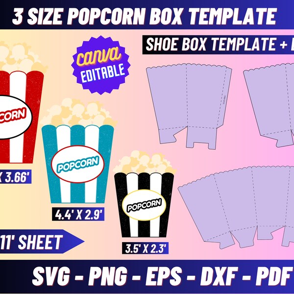 Popcorn Box Template, Popcorn box bundle, Popcorn Box svg, Party Favors, Popcorn Bucket, template svg, template for cricut