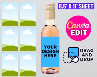 May include: A printable template for 187 ml wine labels. The template features a blue sky with white clouds, green hills, and a space for your design. The template is designed to be used with Canva and can be printed on an 8.5 x 11 inch sheet of paper. The template is available in SVG, PNG, DXF, PDF, and EPS formats.