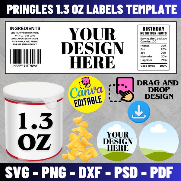 Plantilla de etiquetas Pringles de 1,3 oz, plantilla Pringles, plantilla editable Canva, plantilla de etiqueta de lata de chip