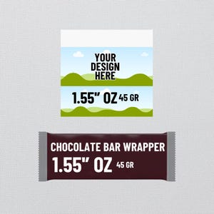 May include: A brown chocolate bar wrapper with the text "CHOCOLATE BAR WRAPPER" and "1.55" OZ 45 GR" printed on it. The wrapper has a white border and a green and white design on the top.