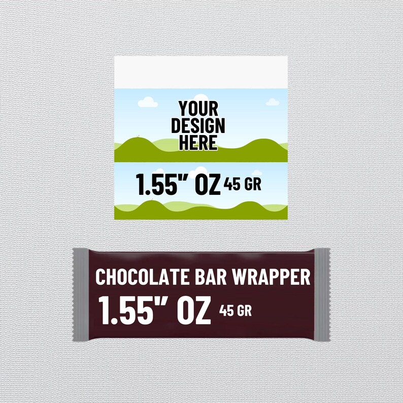 May include: A brown chocolate bar wrapper with the text "CHOCOLATE BAR WRAPPER" and "1.55" OZ 45 GR" printed on it. The wrapper has a white border and a green and white design on the top.