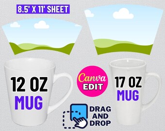May include: A digital design template for a 12 oz and 17 oz latte mug. The template features a green and blue landscape with clouds. The text "Canva Edit" and "Drag and Drop" are also included in the design. The template is available in SVG, PNG, JPG, DXF, PDF, and EPS formats.