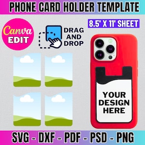 May include: A red phone case with a black card holder and a white area for customization. The text "YOUR DESIGN HERE" is printed on the white area. The case is designed to fit a smartphone with a camera bump. The image also includes four blank card holder templates with a green, blue, and white landscape design.