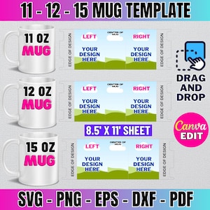 Peut inclure: Un modèle numérique pour créer des designs de tasses de 11, 12 et 15 onces. Le modèle comprend trois contours de tasses avec de l'espace pour du texte et des graphiques. Le modèle mesure 8,5 pouces par 11 pouces et est conçu pour être utilisé avec Canva.
