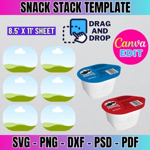 May include: Printable snack stack template for an 8.5 x 11 inch sheet. The template features six blank circles with a blue sky, white clouds, and green grass. The template also includes two printable snack containers with a red and blue lid. The text "DRAG AND DROP Canva EDIT" is visible in the top right corner of the image.
