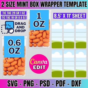 May include: Printable template for mint box wrappers. The template includes two sizes, 1 oz and 0.6 oz, and features a design with clouds, grass, and a blue sky. The text "TIC TAC 29 GR 1 OZ" and "TIC TAC 18 GR 0.6 OZ" is included on the template. The template is designed to be used with Canva.