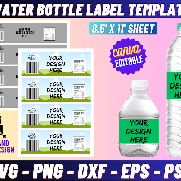 8 - 16 oz Water Bottle Label Blank Template, Water Bottle Label Template, DIY Label Template, Water Bottle Sticker, Party Favors, Canva