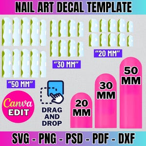 May include: Nail art decal template with a variety of sizes, including 20 mm, 30 mm, and 50 mm. The template is designed for use with Canva and includes instructions for dragging and dropping the decals onto the design. The template is available in SVG, PNG, PSD, PDF, and DXF formats.