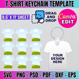 Könnte beinhalten: Eine druckbare Vorlage zum Erstellen von T-Shirt-Schlüsselanhänger-Designs. Die Vorlage enthält 8 T-Shirt-Designs mit einer Wolke und grünem Gras sowie einen leeren T-Shirt-Schlüsselanhänger mit dem Text "Your Design Here". Die Vorlage ist für die Verwendung mit Canva konzipiert und in den Formaten SVG, PNG, PSD, PDF, DXF und EPS verfügbar.