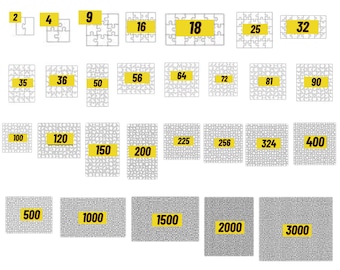 May include: A set of 16 puzzle templates with different piece counts, ranging from 2 to 3000 pieces. The templates are outlined in black and white, with the piece count displayed in yellow boxes.