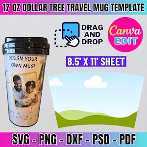 May include: A template for a 17 ounce travel mug, designed to be printed on an 8.5 by 11 inch sheet of paper. The template features a blank space for a design, with a sample design showing a father and daughter reading a book. The text "Design your own mug!" is also included on the template.