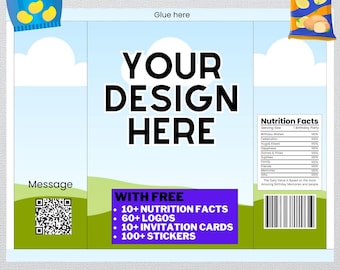 May include: A printable chip bag template featuring a blue sky and green grass background. The template includes a space for a design, a message, and a QR code. The text "YOUR DESIGN HERE" is in large black letters. The text "WITH FREE" is in red letters and lists 10+ nutrition facts, 60+ logos, 10+ invitation cards, and 100+ stickers. The text "PNG - JPG - PDF - CANVA" is at the bottom of the template.