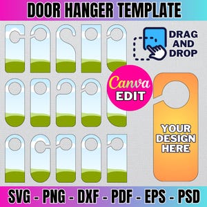 Op de afbeelding: Een sjabloon voor het maken van deurhangers. De sjabloon bevat verschillende vormen van deurhangers met een hemelsblauw en groen landschapsontwerp. De tekst "DRAG AND DROP" en "YOUR DESIGN HERE" zijn in de afbeelding opgenomen. De tekst "Canva EDIT" is ook in de afbeelding opgenomen.