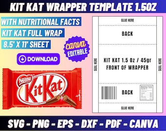 Modèle d'emballage Kit kat 45 g/1,5 oz, emballage de bonbons, emballages de barres de bonbons Kit kat, emballage vierge de kit kat, emballage de barre de chocolat, modèle de bricolage ki kat