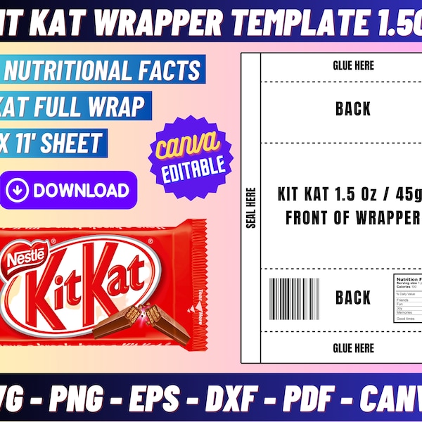 Kit kat Wrapper Template 1.5oz/45g, envoltorio de caramelo, envoltorios de barra de caramelo Kit kat, envoltura de kit kat en blanco, envoltura de barra de chocolate, plantilla diy ki kat