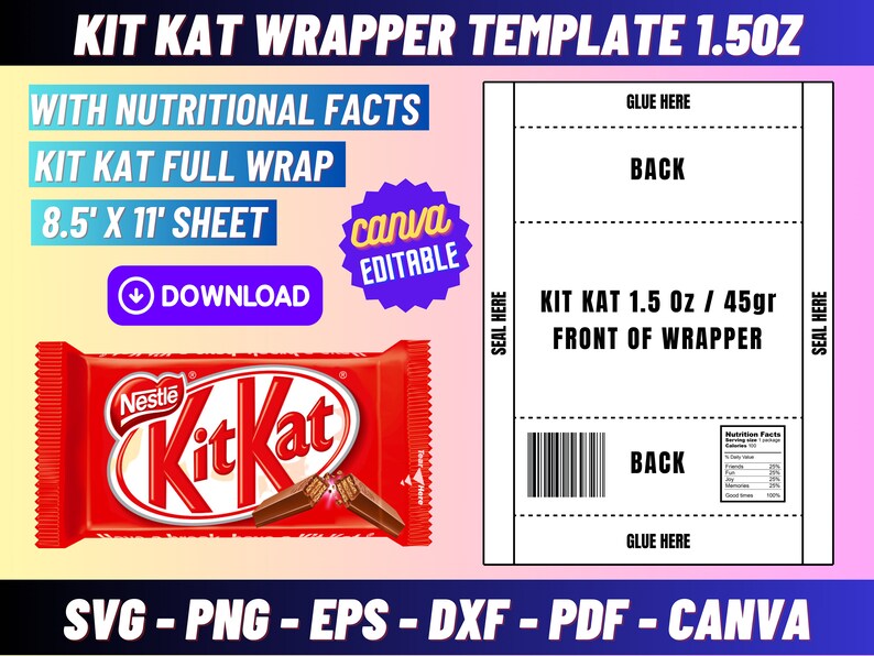 Kit kat Wrapper Template 1.5oz/45g, envoltorio de caramelo, envoltorios de barra de caramelo Kit kat, envoltura de kit kat en blanco, envoltura de barra de chocolate, plantilla diy ki kat imagen 1