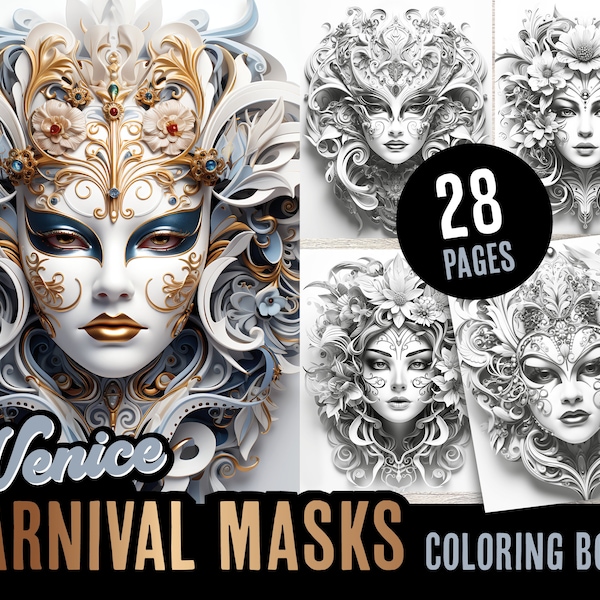 Venice Carnival Masks Grayscale Coloring Book, 28 Unique Detailed Pages - Instant Download PDF for Adult Relaxation & Kids Creative Fun