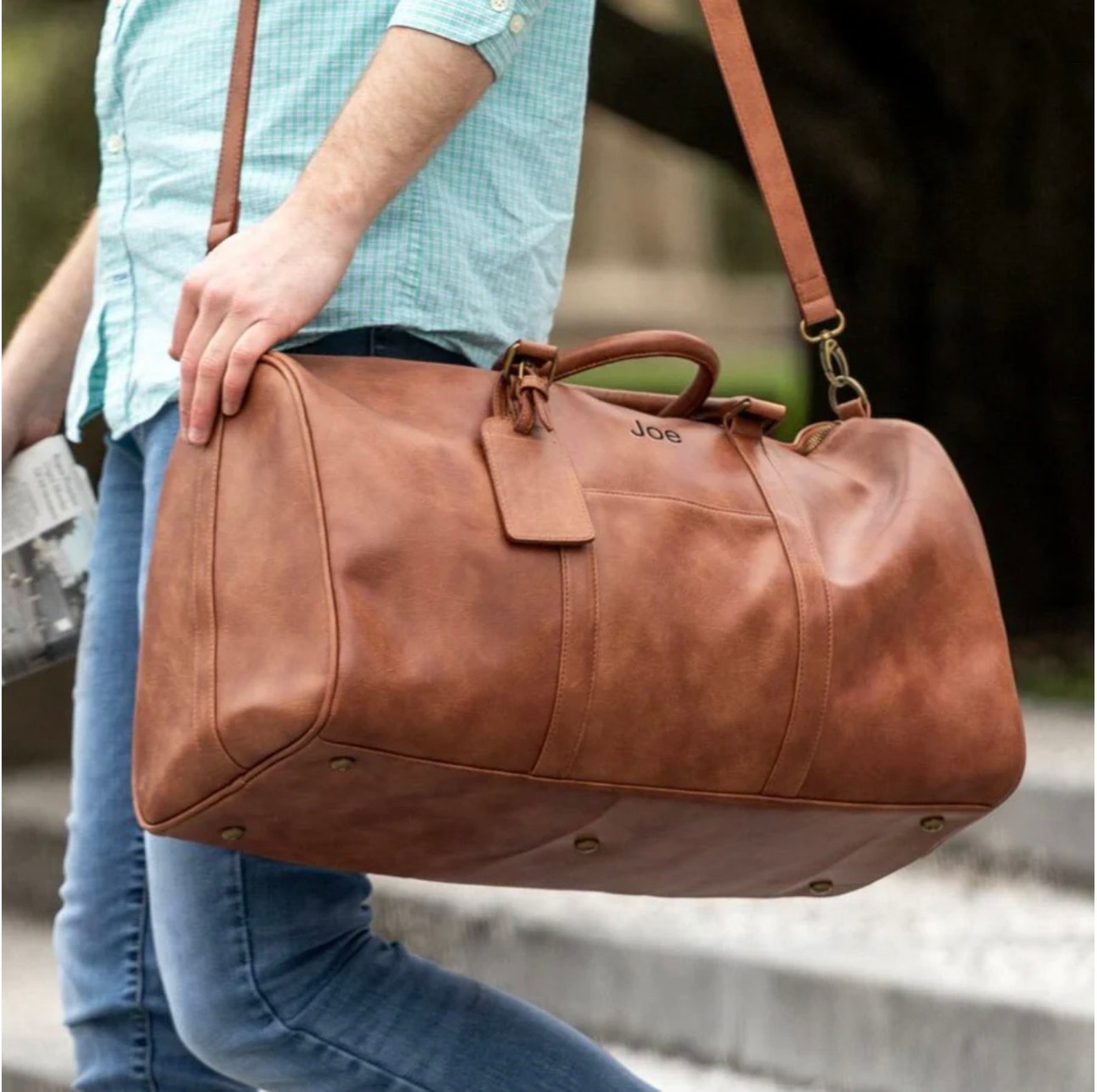 Vegan Duffle Bag, Personalized Mens Weekend Bag, Stylish Shoulder Bag