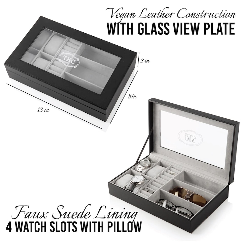 May include: Black vegan leather watch box with a glass top and faux suede lining. The box has four watch slots with a pillow and space for sunglasses. The box measures 13 inches by 8 inches by 3 inches.