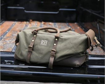 Personalized Canvas Weekender Bag, Embroidered Travel Duffle for Men, Monogrammed Overnight Carry On, Groomsmen and Fathers Day Gift
