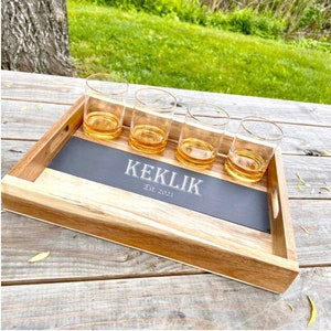 Personalized Acacia Wood Slate Serving Tray with Gold Rim Glasses