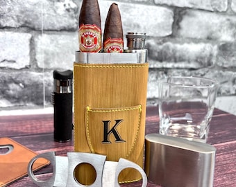 Sinister Set: Cigar Flask Set, Cigar Carrying Case, Flask Cigar Holder, Personalized Cigar Case, Cigar accessory gift, Travel Cigar Set