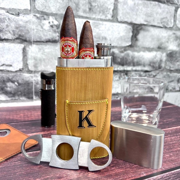 Sinister Set: Cigar Flask Set, Cigar Carrying Case, Flask Cigar Holder, Personalized Cigar Case, Cigar accessory gift, Travel Cigar Set