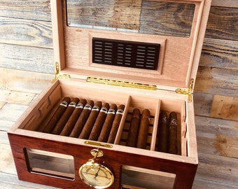 High Class Humidor: Elegant humidor, Cigar aficionado gift, Cigar organizer, Glass window humidor, Lock and key humidor, Cigar Lovers Gift