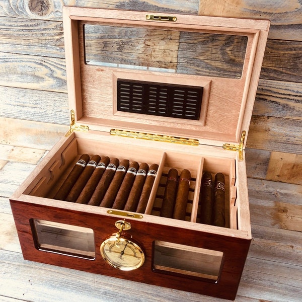 High Class Humidor: Elegant humidor, Cigar aficionado gift, Cigar organizer, Glass window humidor, Lock and key humidor, Cigar Lovers Gift