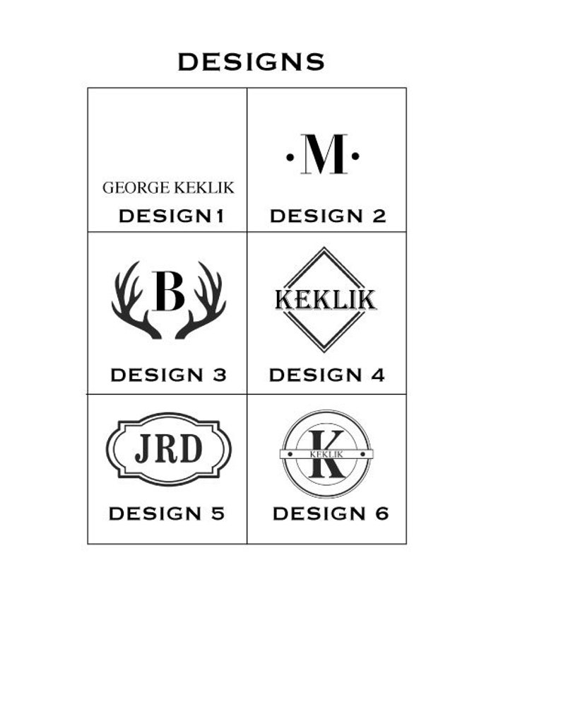 May include: Six different monogram design options for a personalized gift. Designs include a simple initial, a monogram with a deer antler, a monogram with a diamond shape, a monogram with a banner, and a monogram with a circle.