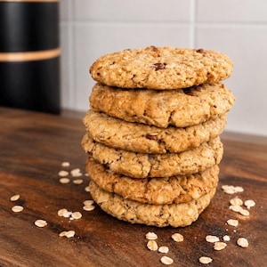 Op de afbeelding: Een verticale stapel van zes ronde havermoutkoekjes met zichtbare chocoladestukjes. De koekjes hebben een getextureerd, goudbruin oppervlak met verspreide havervlokken. Enkele losse havervlokken zijn zichtbaar rond de basis van de stapel.