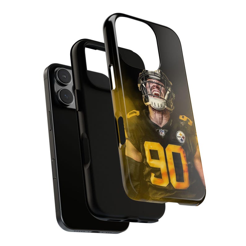 May include: Black phone case featuring a yellow and black image of a football player. The player is wearing a helmet and jersey with the number "90" on it.