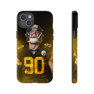 May include: A black and yellow football phone case featuring a player in a helmet and jersey with the number 90. The player is looking upwards with a determined expression.