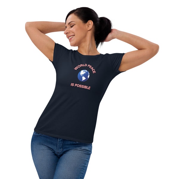 Women's World Peace short sleeve t-shirt. Pre-shrunk everyday wear shirt. Walks, movie night, lounging or going out.