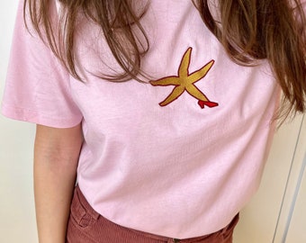 Camisa retro de algodón orgánico con estrella bordada, divertida camiseta gráfica
